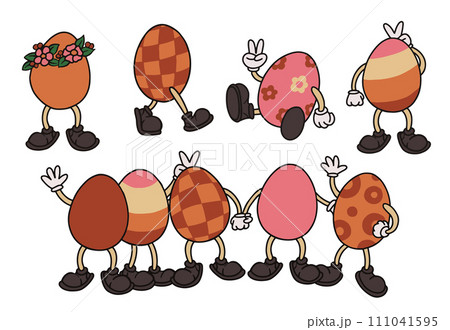 cartoon illustration in groovy, retro style. funny character easter egg. rubber house 111041595