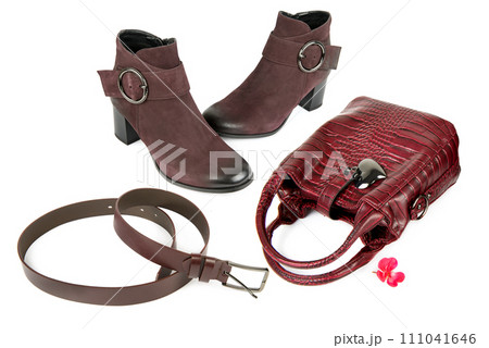 Lady's handbag, ankle boots and leather belt isolated on a white . Collage. 111041646