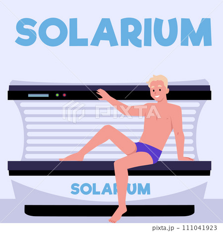 Banner for beauty treatments in solarium with man sunbathing, flat vector. 111041923