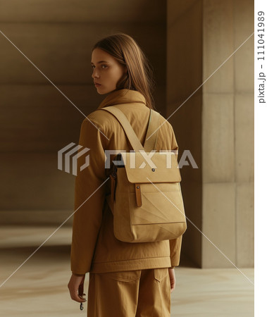 a beige, single-strap backpack or sling bag displayed against a neutral background.  Genearative AI 111041989