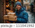 a smiling delivery man dressed in a bright blue uniform  Genearative AI 111041992