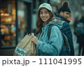 Cheerful interactions between delivery staff and handing a bag of takeout food with a "Take Away" sticker to a customer Genearative AI 111041995