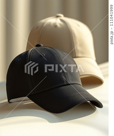 two baseball caps, one in black and the other in a light beige color. 111041999