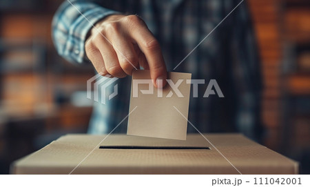 usa elections. male hand dropping paper ballot in voting box. Genearative AI usa elections. male hand dropping paper ballot in voting box. Genearative AI 111042001