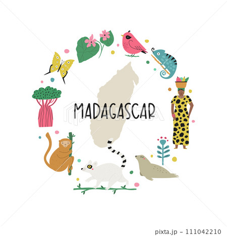 Colorful image, frame art, circle design with animals, landmarks, symbols of Madagascar island 111042210