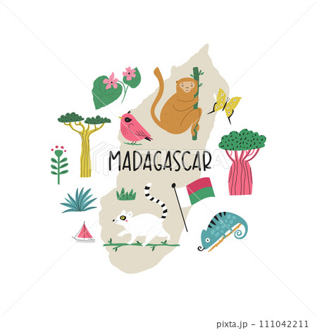 Colorful image, frame art with animals, landmarks, symbols of Madagascar island Colorful image, frame art with animals, landmarks, symbols of Madagascar island 111042211