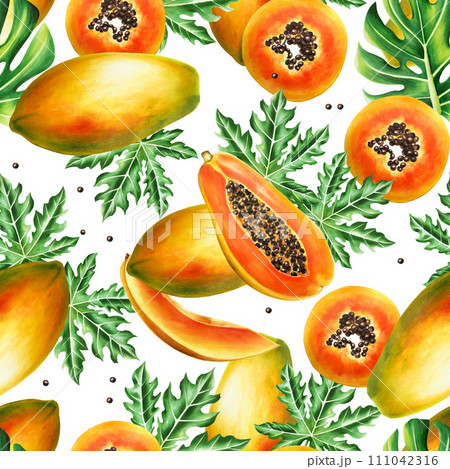 Marker seamless pattern with sweet ripe slice of papaya with grains, tropical leafs, monstera, ficus in watercolor style. Hand drawn realistic tasty organic illustration of exotic tropical fruit 111042316