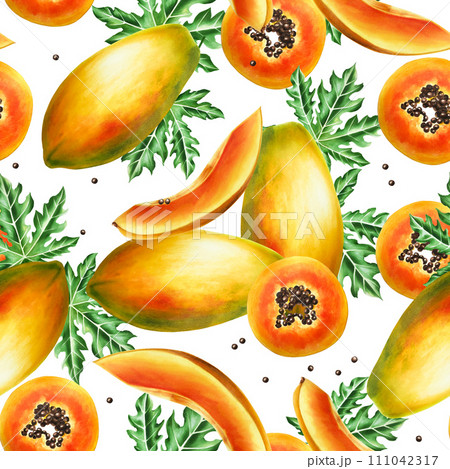Marker seamless pattern with sweet ripe slice of papaya with grains, tropical leafs in watercolor style. Hand drawn realistic tasty organic illustration of exotic tropical fruit isolated on 111042317