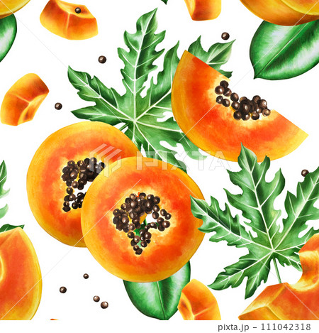 Marker seamless pattern with sweet ripe slice of papaya with grains, tropical leafs, ficus in watercolor style. Hand drawn realistic tasty organic illustration of exotic tropical fruit isolated on 111042318