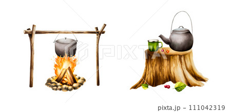 Watercolor set with campfire with big black saucepan and kettle in wooden stump, green cup, cranberry and cowberry illlustrations. Camping isolated equipment for recreation tourism and adverture on 111042319
