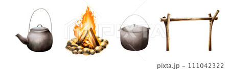 Watercolor set with campfire with big black saucepan and kettle illlustration. Camping equipment for recreation tourism and adverture isolated on white background. Clip art for designers, travel 111042322