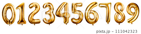 Watercolor set of golden foil balloons digits 0,1,2,3,4,5,6,7,8,9. Hand drawn birthday party numbers decoration isolated on white background. Shiny element for designers, prints, baby shower, 111042323