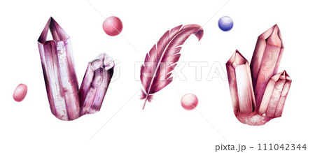 Hand drawn gemstone Agate, diamond and amethyst crystals, beads and feather marker illustrations in watercolor style. Mineral isolated on white background. Clip art for designers, cards, invitations, Hand drawn gemstone Agate, diamond and amethyst crystals, beads and feather marker illustrations in watercolor style. Mineral isolated on white background. Clip art for designers, cards, invitations, 111042344