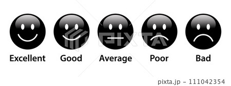 3D Rating Emojis set in black color with label. Feedback emoticons collection. Excellent, good, average, poor and very bad emojis. Flat icon set of rating and feedback emojis icons in black color. 3D Rating Emojis set in black color with label. Feedback emoticons collection. Excellent, good, average, poor and very bad emojis. Flat icon set of rating and feedback emojis icons in black color. 111042354