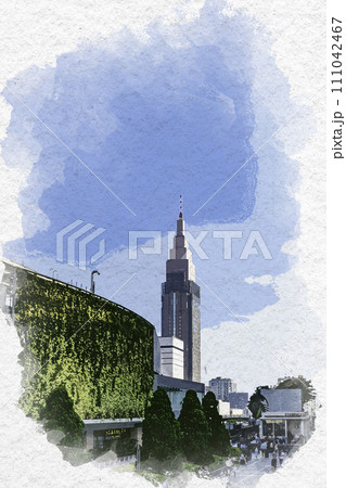 水彩画風　新宿駅南口　バスタ新宿　NTTドコモタワー　東京都新宿区 111042467