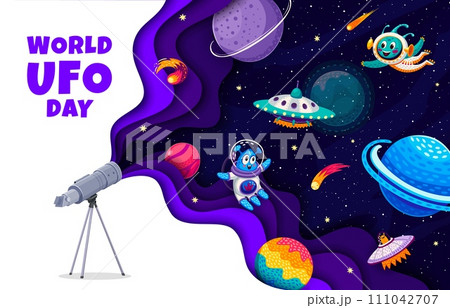 World UFO day banner with paper cut galaxy, space planets and aliens, cartoon vector background. Telescope and Martian alien in galaxy for world UFO day, extraterrestrial science and astronomy holiday World UFO day banner with paper cut galaxy, space planets and aliens, cartoon vector background. Telescope and Martian alien in galaxy for world UFO day, extraterrestrial science and astronomy holiday 111042707