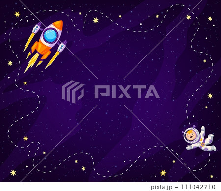 Cartoon kids space background with planets and rocket with trace, vector galaxy landscape. Kid spaceman astronaut and spaceship rocket shuttle launch in frame of starry sky for kid galactic background Cartoon kids space background with planets and rocket with trace, vector galaxy landscape. Kid spaceman astronaut and spaceship rocket shuttle launch in frame of starry sky for kid galactic background 111042710