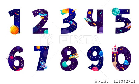 Cartoon galaxy space numbers and funny math game elements, vector numerals. Space font numeric symbols or numbers from 1 to 0 with space rockets, planets and alien UFO or asteroids for kid math game Cartoon galaxy space numbers and funny math game elements, vector numerals. Space font numeric symbols or numbers from 1 to 0 with space rockets, planets and alien UFO or asteroids for kid math game 111042711