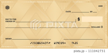 Blank golden bank check or checkbook cheque template, vector background. Money payment book cheque or paycheck with guilloche pattern, payment coupon layout with golden frame for bank voucher bill Blank golden bank check or checkbook cheque template, vector background. Money payment book cheque or paycheck with guilloche pattern, payment coupon layout with golden frame for bank voucher bill 111042731