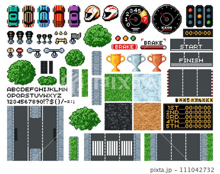8 bit pixel art race game, top view of racing track, cars and equipment, vector icons. Arcade video game elements of karting car, speed road and traffic signs with racetrack texture and speedometer 8 bit pixel art race game, top view of racing track, cars and equipment, vector icons. Arcade video game elements of karting car, speed road and traffic signs with racetrack texture and speedometer 111042732