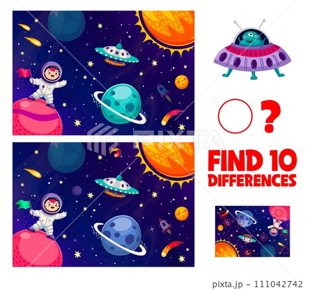 Find ten differences in galaxy space landscape with kid astronaut and alien, vector quiz game. Find difference worksheet with kid spaceman on galaxy planet, alien UFO with Martian in outer space 111042742