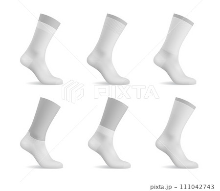 Realistic man socks, white mockup templates of foot wear textile, isolated vector. Blank white sport socks with elastic ankle, high long or middle low and short socks on mannequin foot mockup 111042743