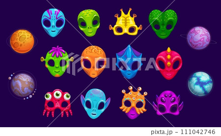 Space alien masks for photo booth and props of monster creatures, vector cartoon faces. Martian alien and humanoid mutants with reptile tentacles and suckers for galaxy photo booth masks 111042746