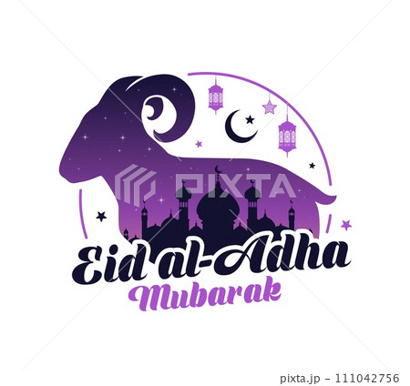 Eid Al Adha Arabian holiday banner with Arabian lanterns, Muslim mosque and sacrificial sheep, vector background. Islam religious Eid al-Adha or Feast of Sacrifice with lamb and crescent moon 111042756