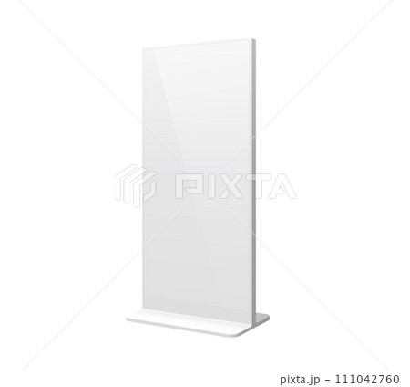 3D outdoor stand display mockup, advertising board or information billboard, vector ad screen. Isolated white vertical display or poster stand on base, POS advertising or exhibition display mock up 111042760