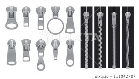 Realistic zipper, metal zip isolated 3d vector set. Fastening pulling device used in clothing, consisting of interlocking metal teeth and a sliding mechanism for opening and closing garments with ease 111042787