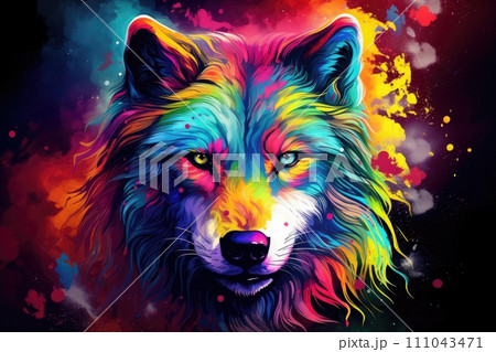 AI-generated content. colorful wolf animal portrait illustration 111043471