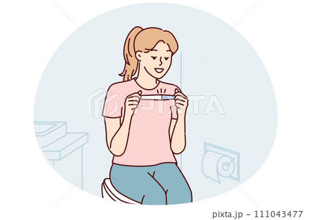 Positive woman sitting in toilet happily looking at pregnancy test result. Vector image 111043477