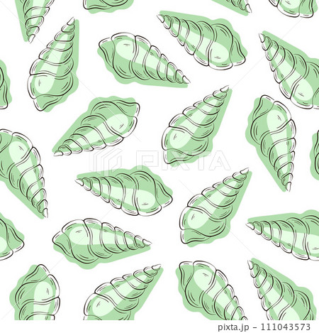 Seashells seamless pattern in line art style. Summer beach hand drawn undersea print for package, wrapping paper, cards. Vector illustration on a white background. Seashells seamless pattern in line art style. Summer beach hand drawn undersea print for package, wrapping paper, cards. Vector illustration on a white background. 111043573