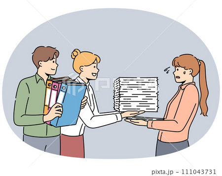 Smiling employees give paperwork to stressed worker 111043731