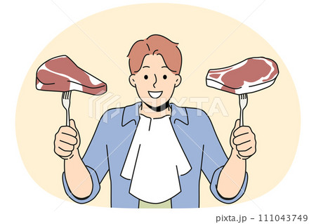 Smiling man with meat steaks in hands Smiling man with meat steaks in hands 111043749