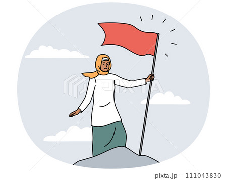 Arabic woman put red flag on mountain peak 111043830