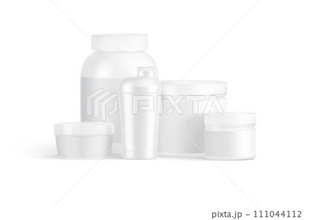 Blank white protein can, bottle and shaker mockup, front view 111044112