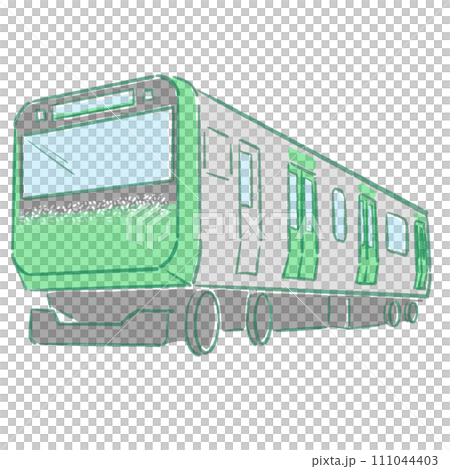 green train running through the city 111044403