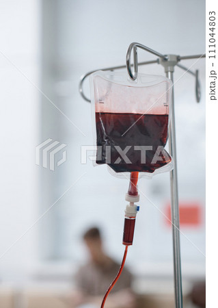 Transparent bag with red blood cells for transfusion in medical center, copy space 111044803