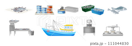 Fishery and Seafood Production Process and Industry Vector Set 111044830