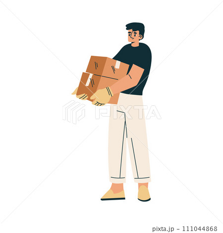 Logistics Service Man Worker Character Carry Carton Container Vector Illustration 111044868