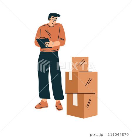 Logistics Service Man Worker Character at Carton Container Stack Vector Illustration 111044870