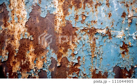 closeup texture image of old metal wall surface with abandoned blue paint, 16:9 widescreen wallpaper / backdrop / background, graphic resources 111044905