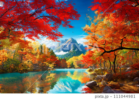 紅葉の森と湖のイラストのイラスト素材 [111044981] - PIXTA