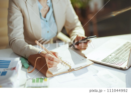 Modern bookkeeper woman in green office using phone 111044992
