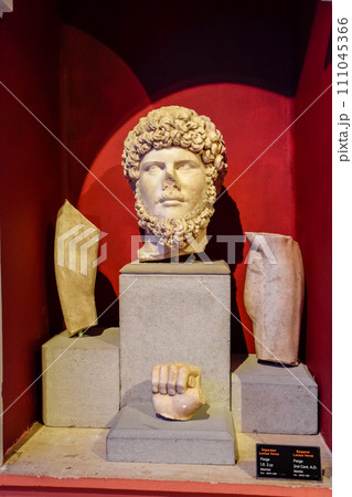 Marble statues of gods and emperors of antiquity in the Museum of Antiquities of Antalya, Turkey. 111045366