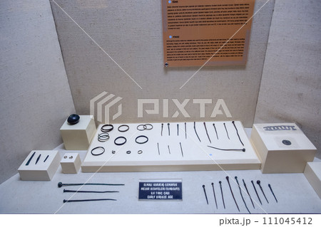 Vintage sewing needles. Exhibits of the museum of antiquities in Antalya. Vintage sewing needles. Exhibits of the museum of antiquities in Antalya. 111045412