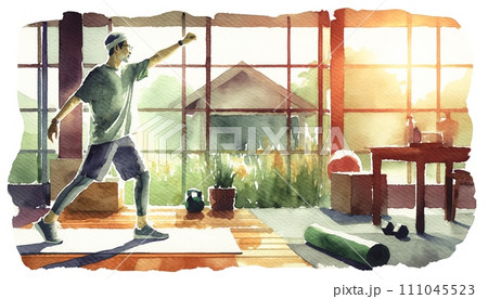 Generative AI The image depicts a man stretching in a sun-drenched gym, a tranquil start to his workout. Generative AI The image depicts a man stretching in a sun-drenched gym, a tranquil start to his workout. 111045523