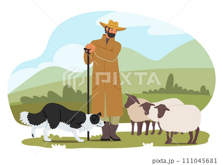 Shepherd, A Diligent Guardian, Tends To The Flock With Unwavering Dedication. His Loyal Dog, A Furry Companion 111045681