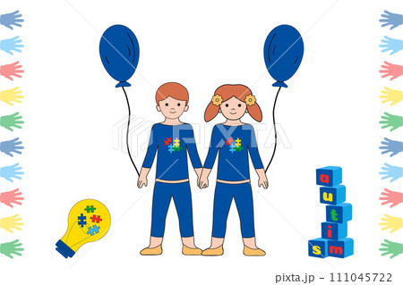 Autistic children with blue air balloon, yellow light bulb with puzzles and pyramid of cubes toy. Autistic children with blue air balloon, yellow light bulb with puzzles and pyramid of cubes toy. 111045722